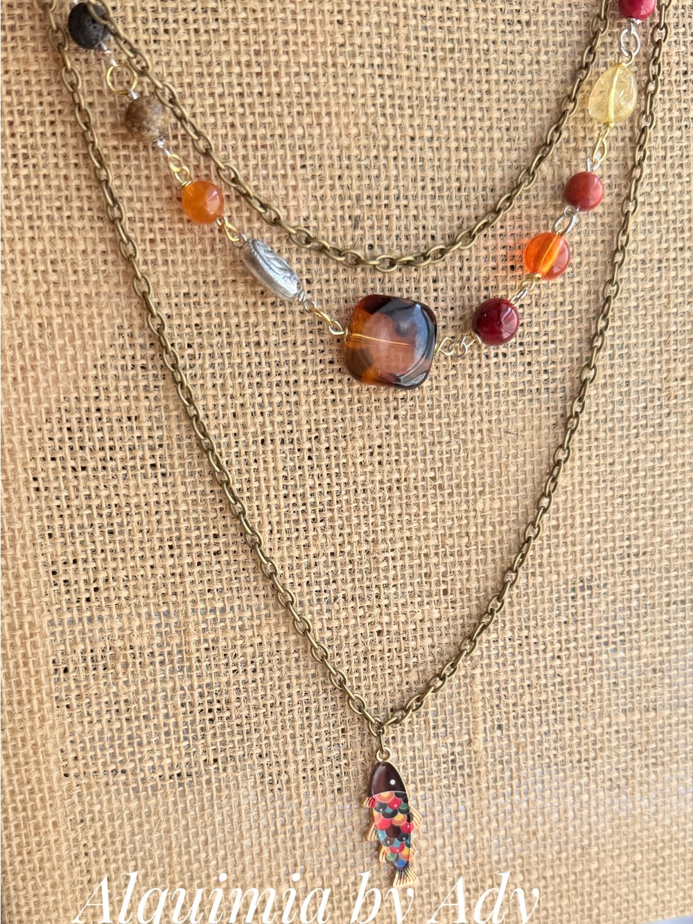 Alquimia Layered Necklace with Amber, Red, Orange stones & Gold Accents